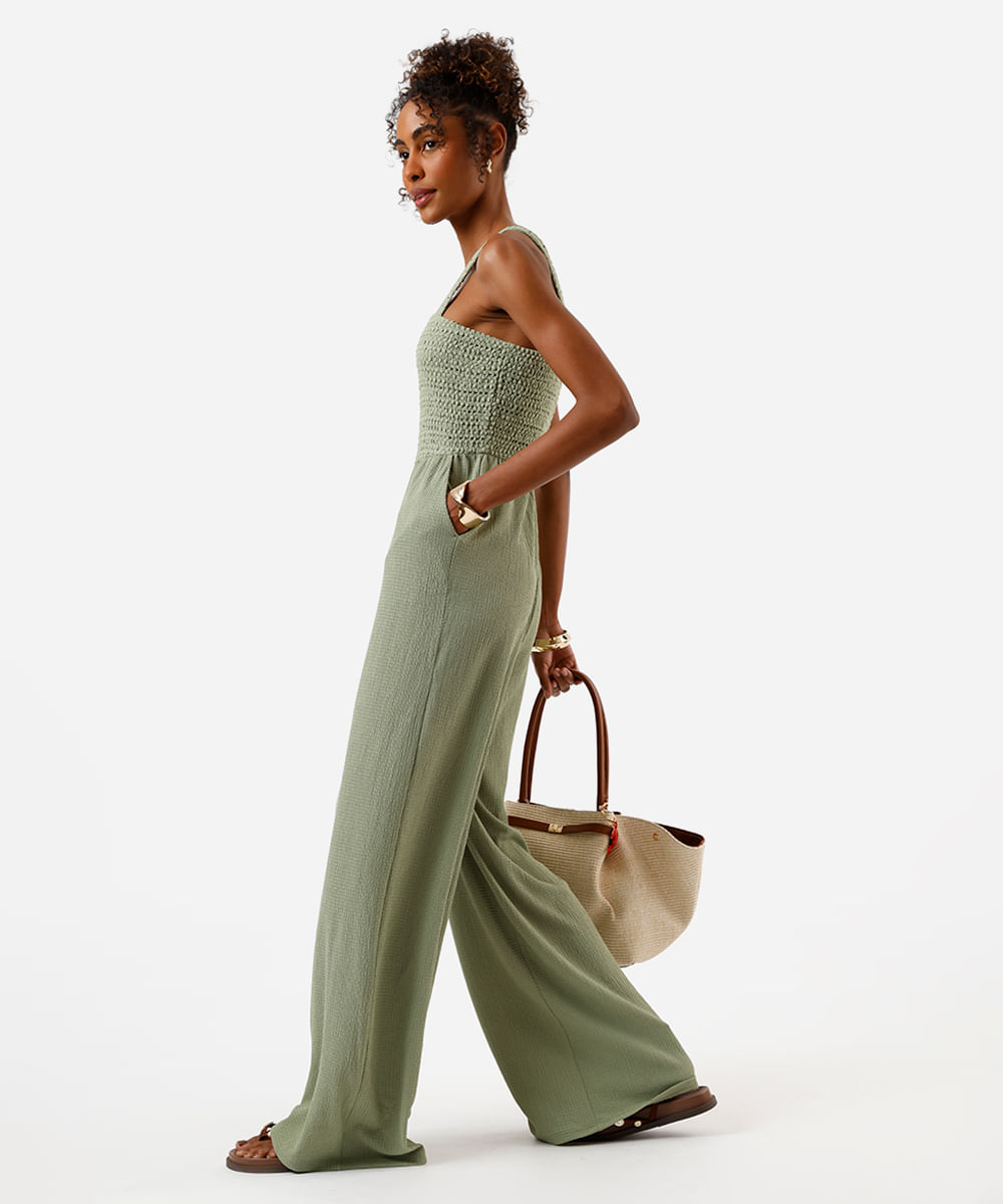 macacão wide leg feminino texturizado com lastex verde