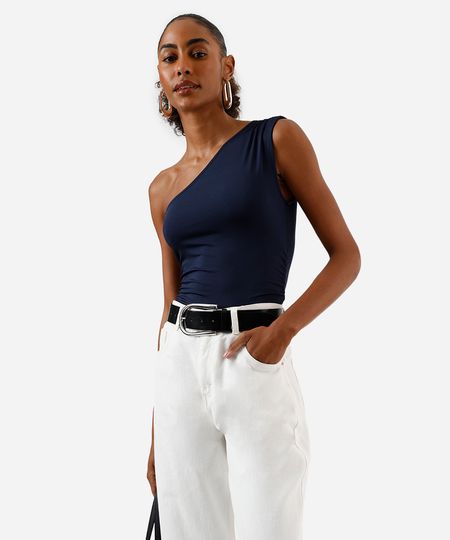 blusa ombro único feminina franzida azul G blusa ombro único feminina franzida azul G