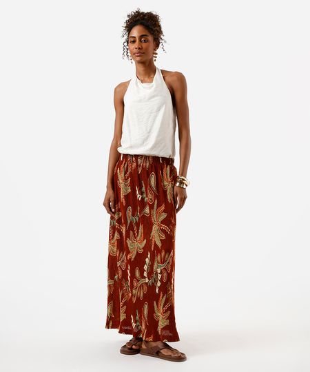 saia midi feminina plissada folhagens  marrom M
