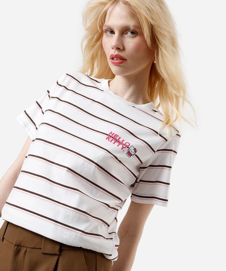 camiseta feminina com algodão hello kitty listrada off white P camiseta feminina com algodão hello kitty listrada off white P