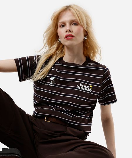 camiseta feminina com algodão snoopy listrada - marrom escuro M camiseta feminina com algodão snoopy listrada - marrom escuro M