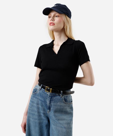 polo básica feminina de tricot manga curta preta PP