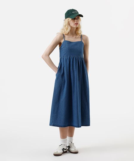 vestido midi feminino jeans alça fina com bolsos azul PP vestido midi feminino jeans alça fina com bolsos azul PP