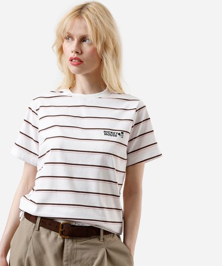 camiseta feminina com algodão mickey listrada off white G camiseta feminina com algodão mickey listrada off white G