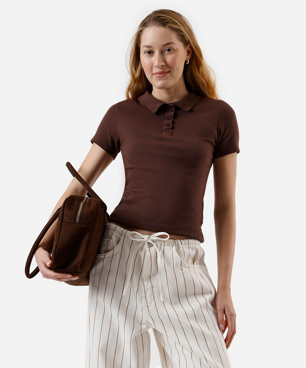 polo feminina de tricot manga curta marrom