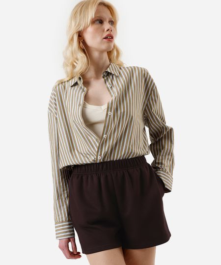 short básico feminino de moletom cós elástico marrom PP short básico feminino de moletom cós elástico marrom PP