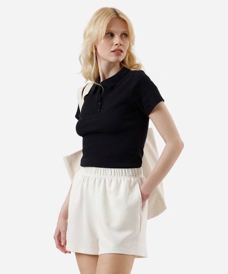 short básico feminino de moletom cós elástico bege P