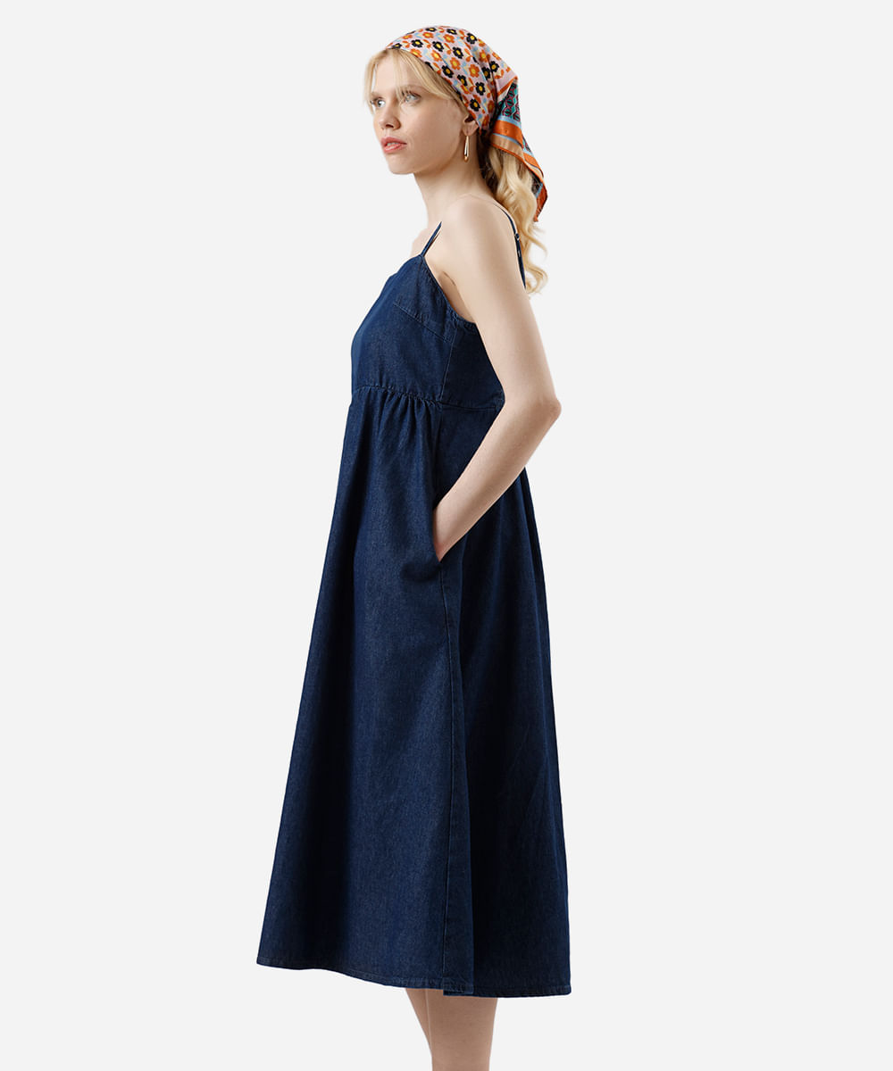 vestido midi feminino jeans alça fina com bolsos azul