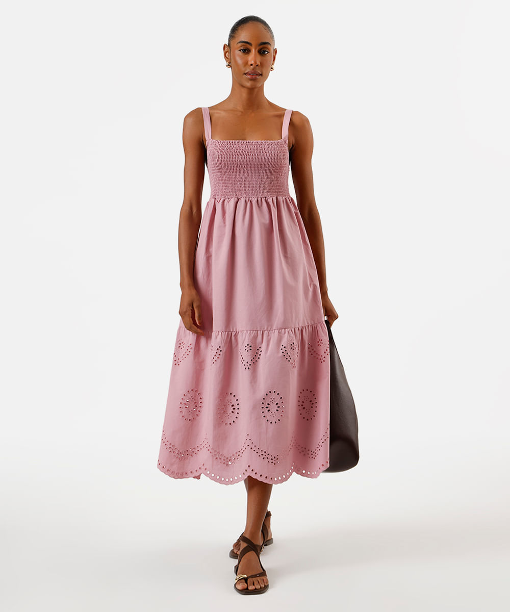 vestido midi feminino de algodão com bordado rosa