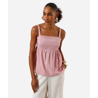 bata feminina com linho decote quadrado rosa