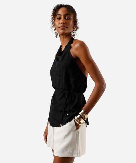 blusa frente única feminina com viscose com amarração texturizada preta P blusa frente única feminina com viscose com amarração texturizada preta P
