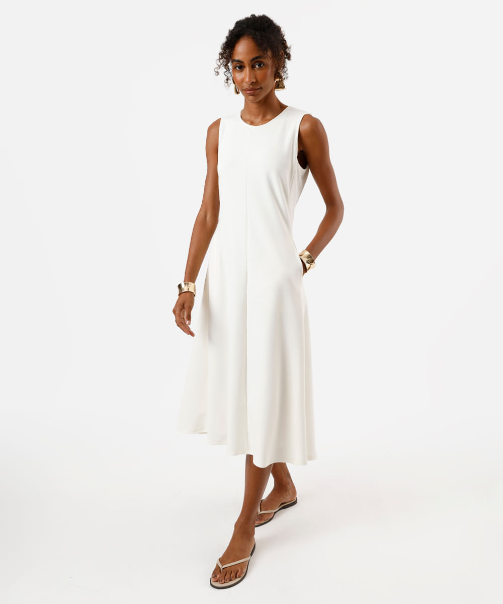 vestido midi feminino com recortes texturizado off white