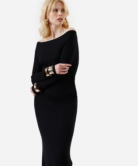 vestido midi feminino de viscose ombro a ombro manga longa canelado preto PP