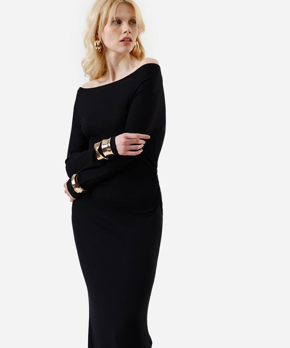 vestido midi feminino de viscose ombro a ombro manga longa canelado preto