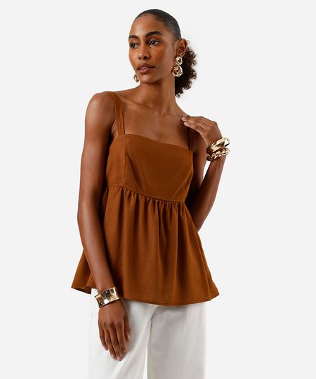 bata feminina com linho decote quadrado marrom M