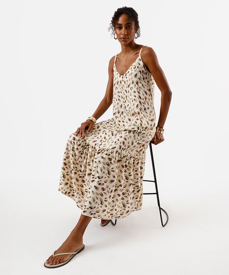 vestido midi de viscose alça fina com recorte animal print bege P