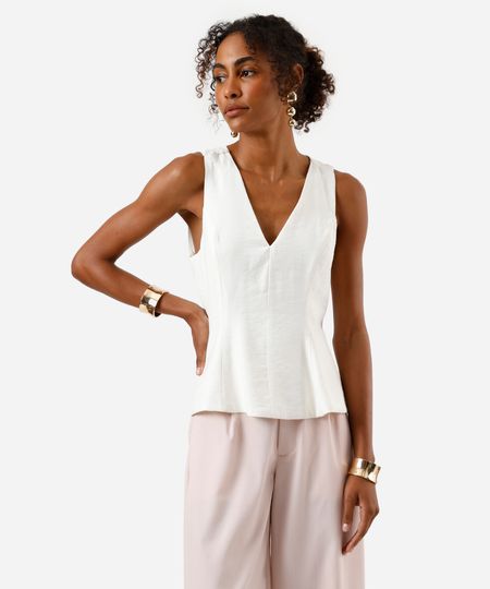 regata peplum feminina de viscose decote v off white GG regata peplum feminina de viscose decote v off white GG