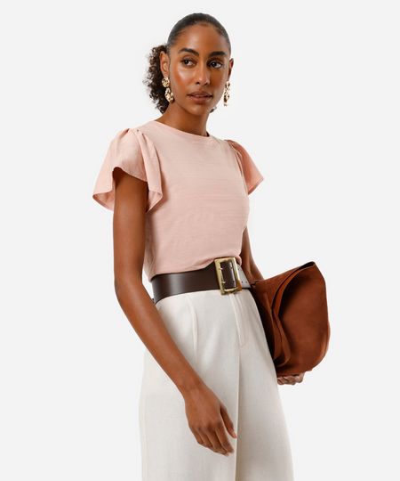 camiseta feminina de algodão manga curta bufante texturizada rosa M