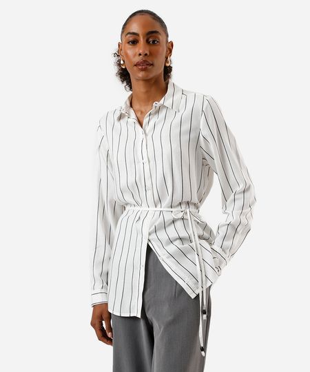 camisa alongada feminina de viscose com cordão listrada preta PP camisa alongada feminina de viscose com cordão listrada preta PP
