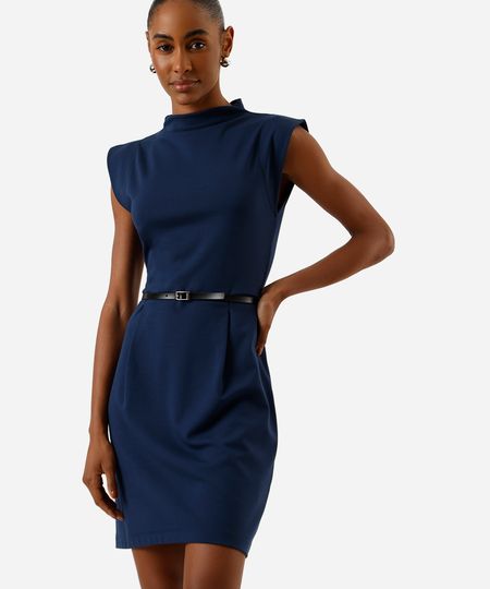 vestido curto feminino com pregas cinto azul G vestido curto feminino com pregas cinto azul G