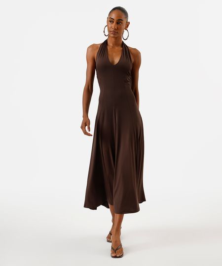 vestido midi feminino frente única com recortes marrom G