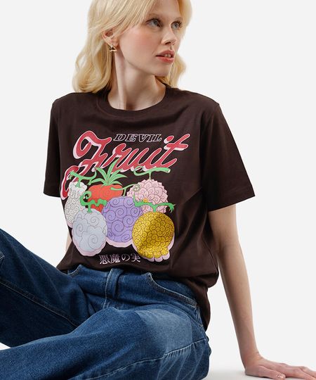 camiseta feminina de algodão estampa frutas marrom PP camiseta feminina de algodão estampa frutas marrom PP