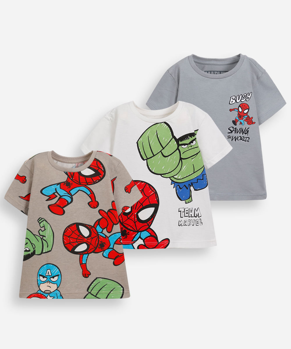 kit 3 camisetas infantis de algodão marvel colorido