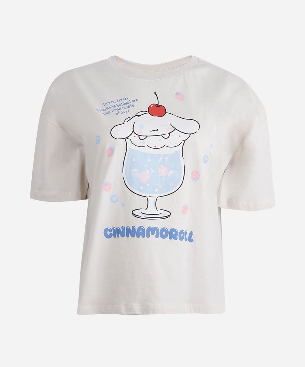 camiseta boxy juvenil de algodão cropped cinnamoroll bege