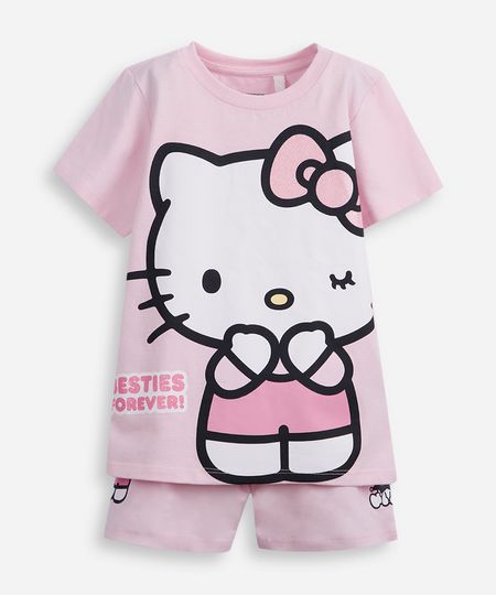 pijama curto infantil de algodão hello kitty rosa 8