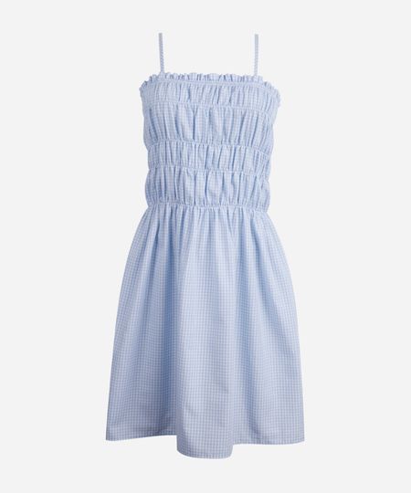 vestido curto juvenil de algodão alça fina franzido xadrez azul 16