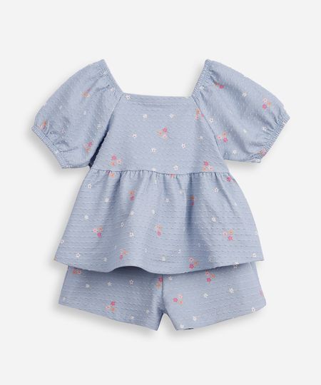 conjunto curto infantil de algodão floral texturizado azul 2