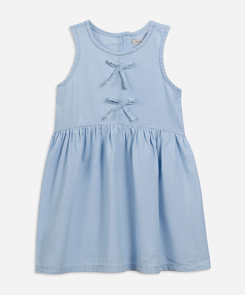 vestido infantil jeans com laços azul
