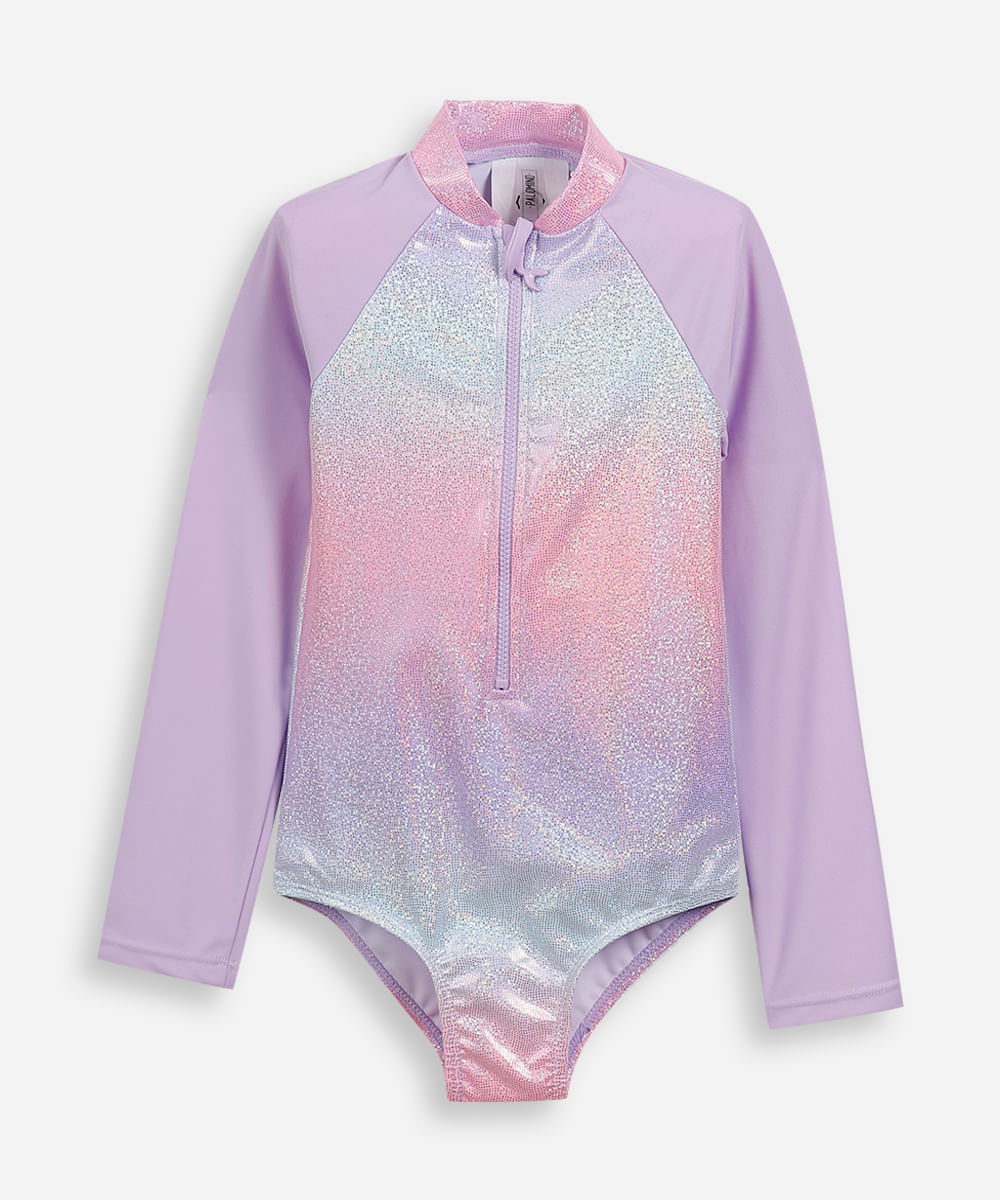 maiô raglan infantil holográfico degradê lilás