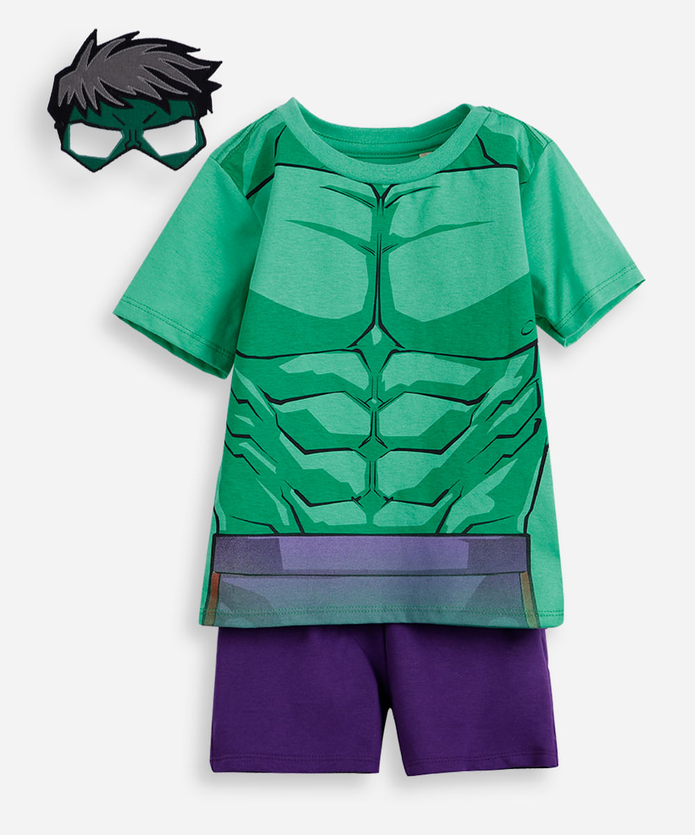 conjunto curto infantil de algodão hulk com máscara verde