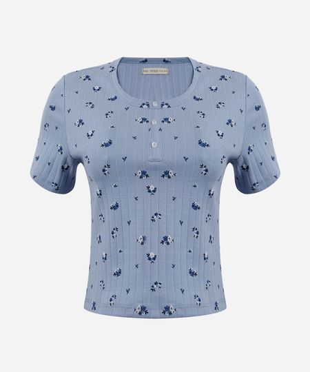 blusa juvenil de algodão floral canelada azul 10