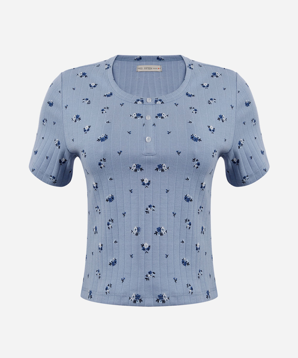 blusa juvenil de algodão floral canelada azul