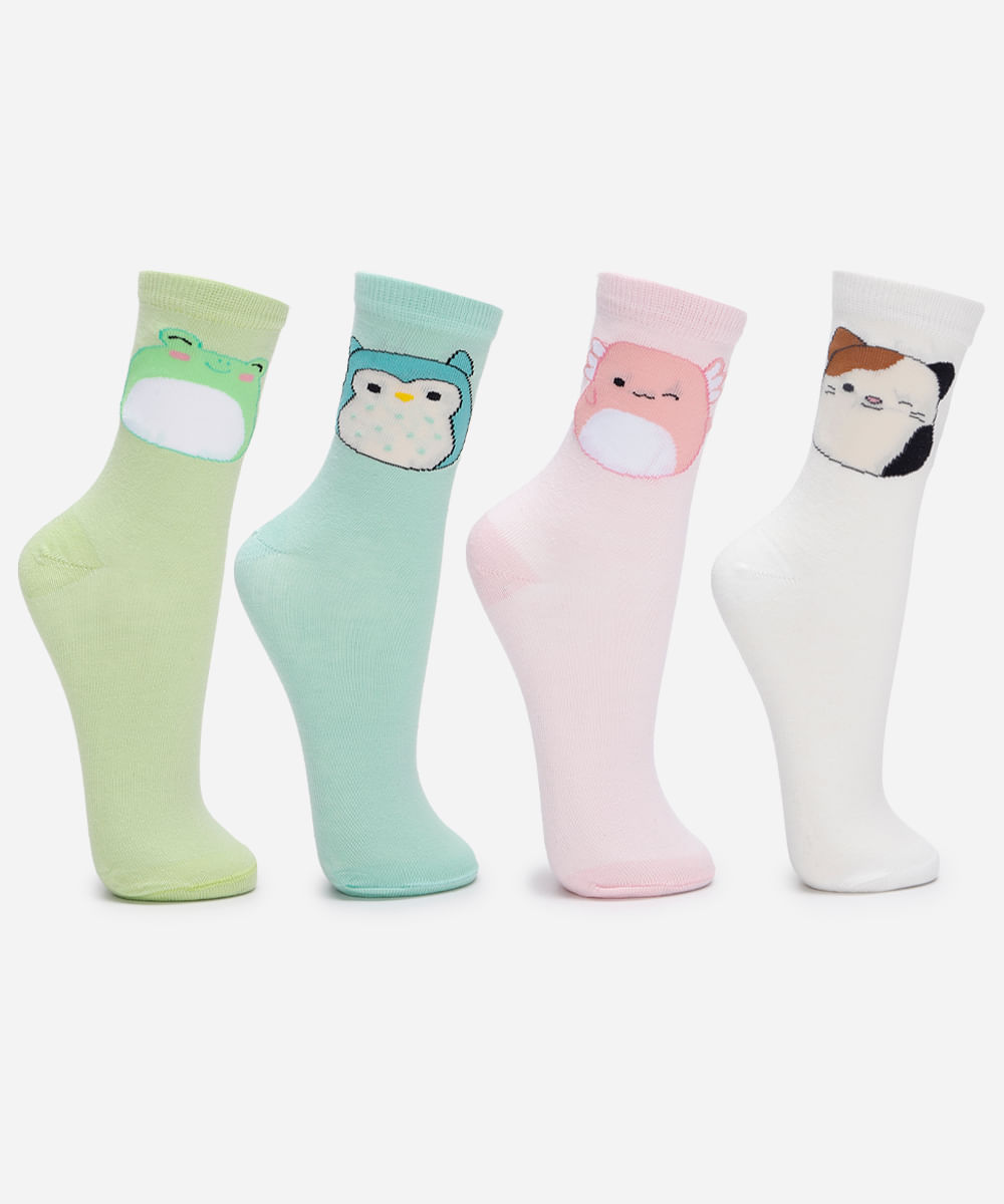 kit de 4 meias infantis cano médio squishmallows colorido
