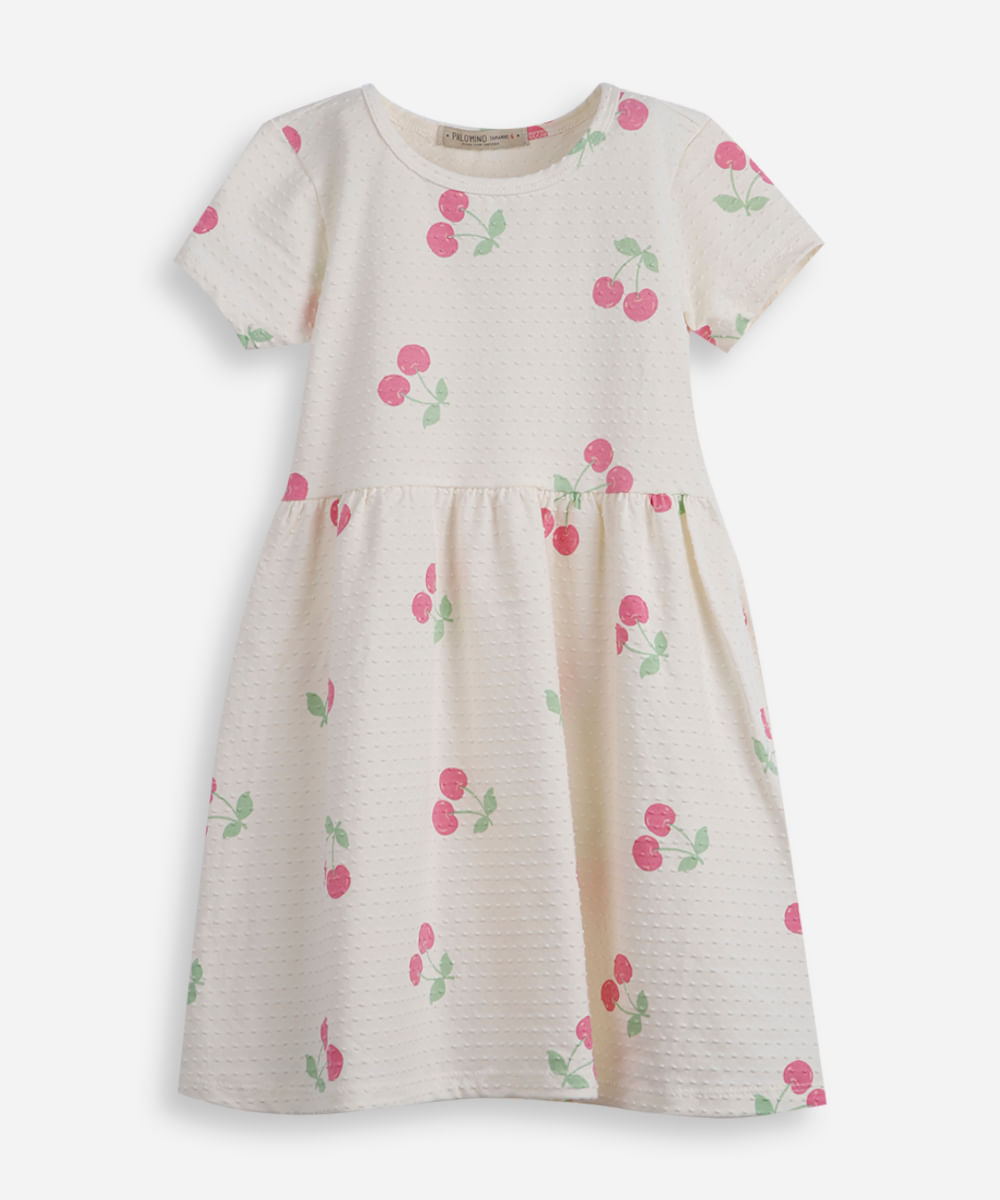 vestido infantil de algodão manga curtas cerejas texturizado colorido