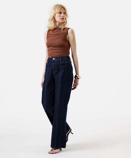 calça wide leg feminina jeans com recortes sawary azul 40