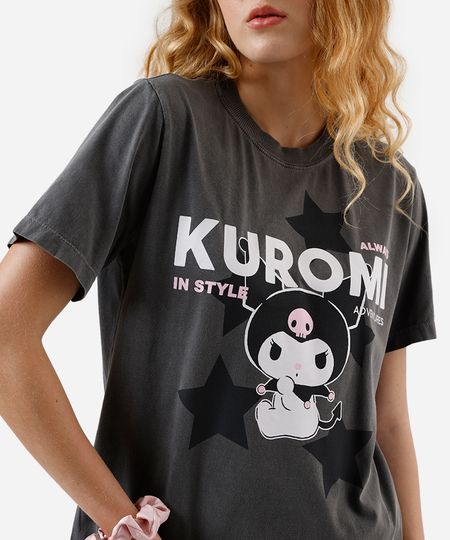camiseta feminina de algodão kuromi hello kitty estonada cinza PP