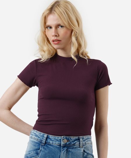 blusa feminina de malha canelada manga curta fru fru roxa M