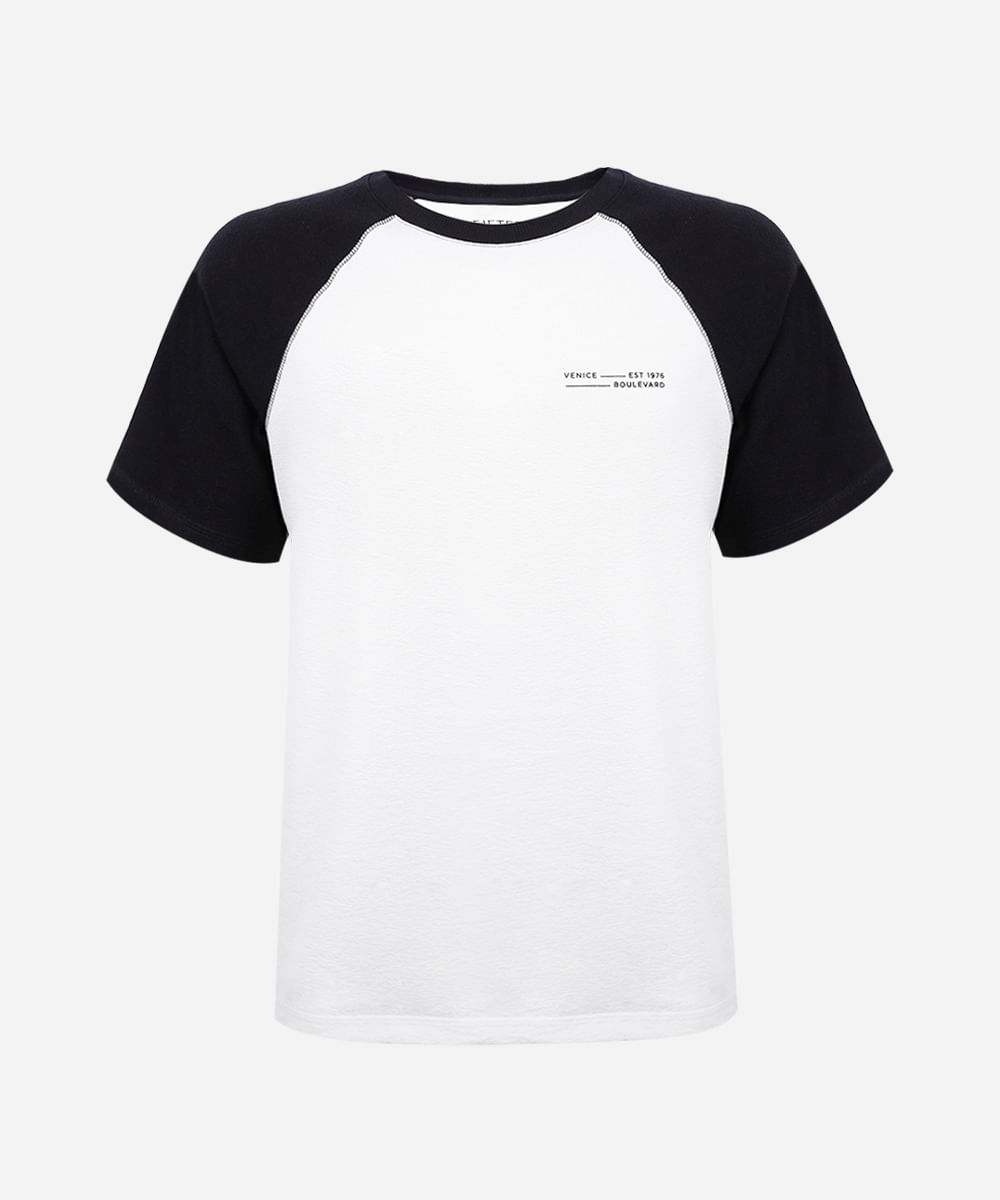 camiseta raglan juvenil de algodão estampada off white