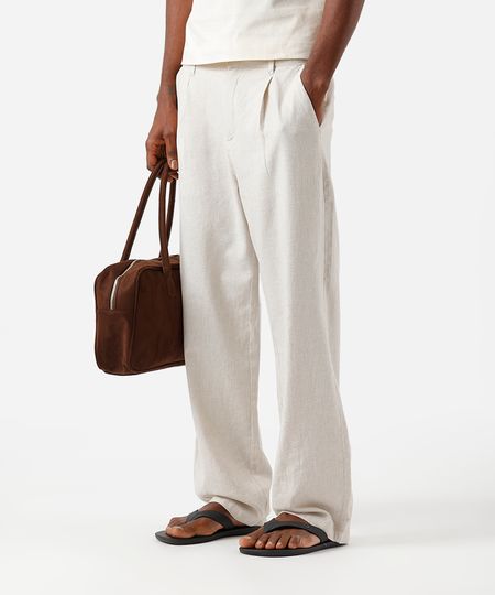 calça baggy masculina com linho e pregas bege 38