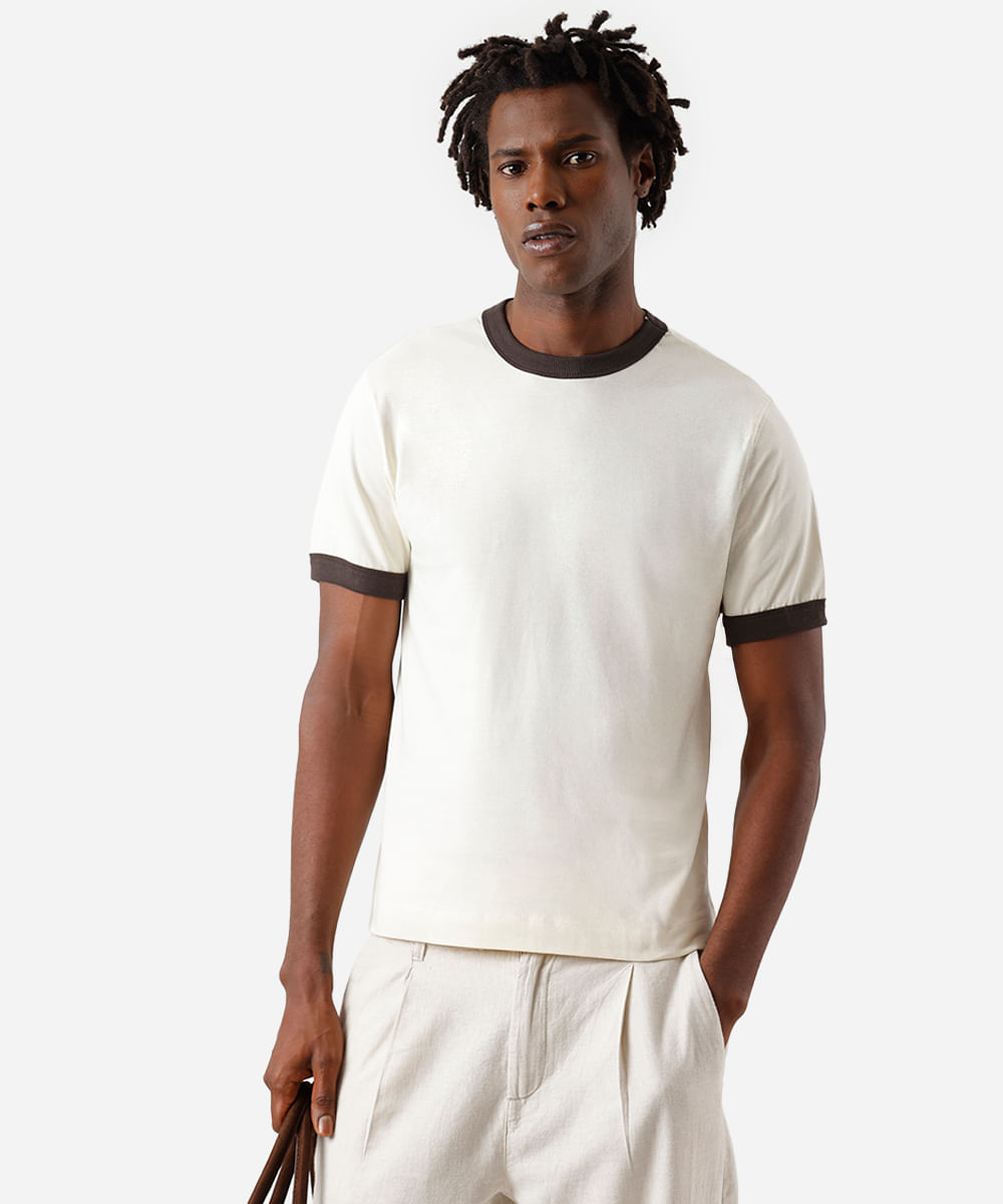 camiseta masculina de algodão bicolor bege