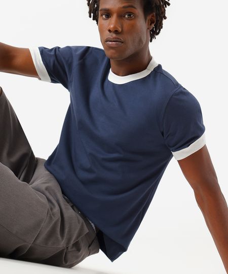 camiseta masculina de algodão bicolor azul PP camiseta masculina de algodão bicolor azul PP