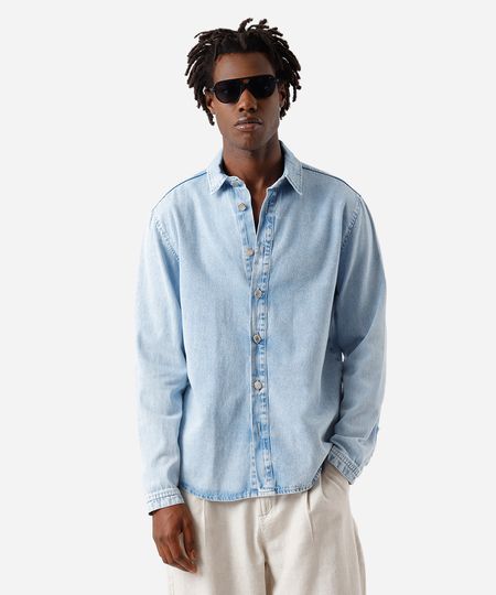 camisa masculina jeans manga longa azul P camisa masculina jeans manga longa azul P