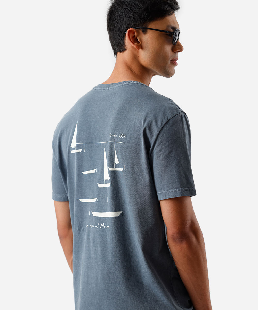 camiseta masculina de algodão estonada estampada azul