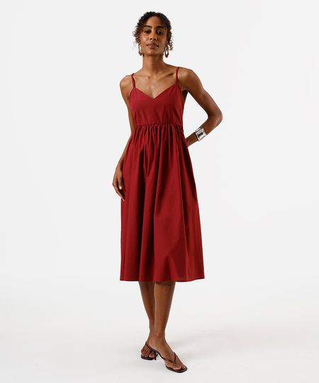 vestido midi feminino com algodão alça fina decote coração vinho P vestido midi feminino com algodão alça fina decote coração vinho P