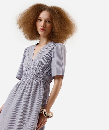 vestido midi feminino decote v manga curta listrado off white M