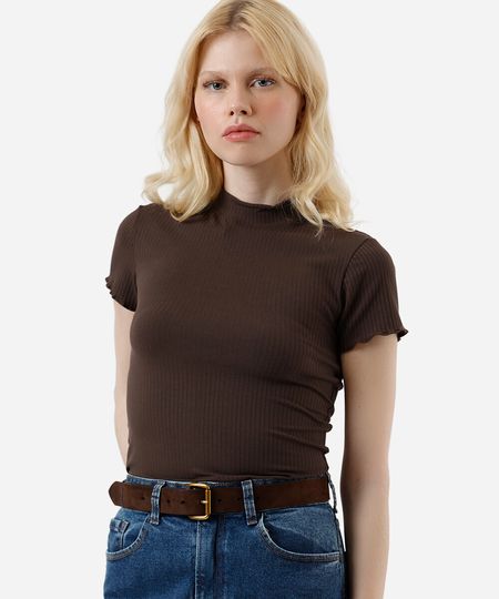 blusa de malha canelada manga curta fru fru marrom G blusa de malha canelada manga curta fru fru marrom G